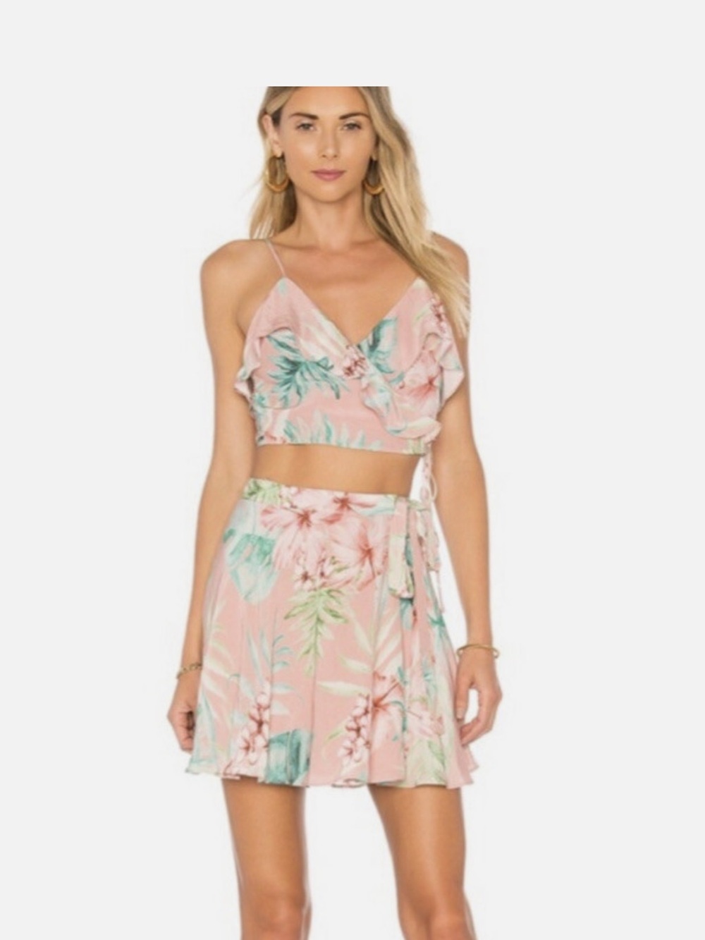 Privacy Please Pink Tropical Floral Ruffle Crop Tank & Skirt